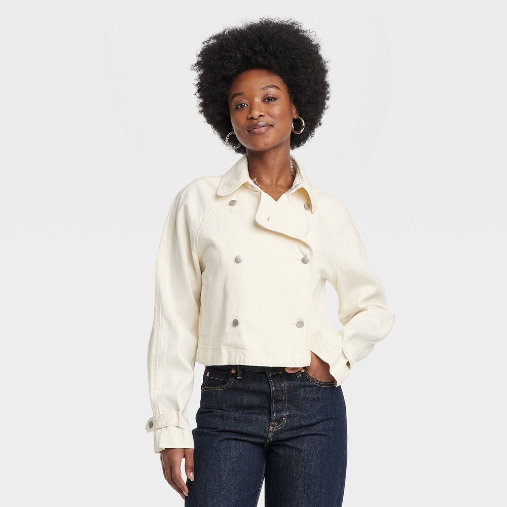 Universal Thread Denim Cropped Trench Jacket - Off-White L - Picture 1 of 9